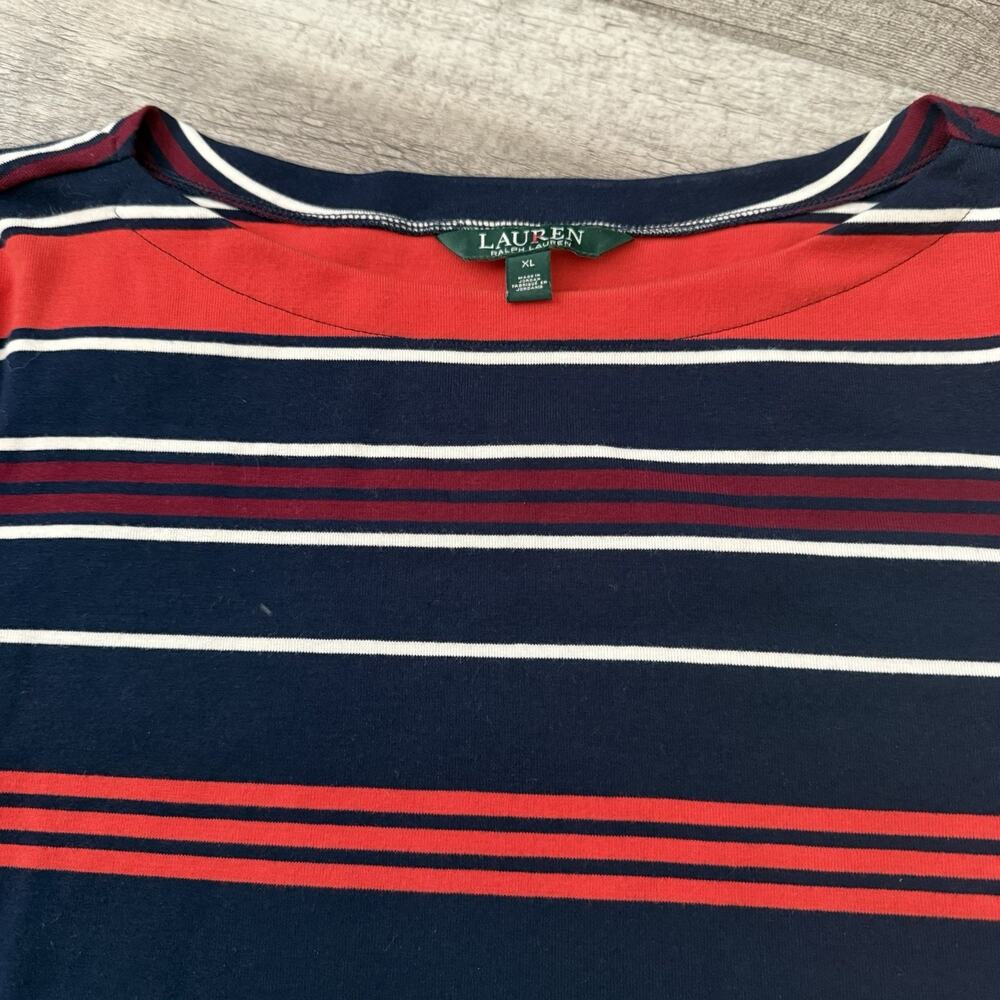 Lauren Ralph Lauren Stripe Bell Cuff Top Womens Size XL Blue Coral Boat Neck - Picture 3 of 7